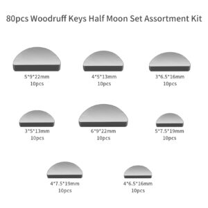 Woodruff Key Assortment Kit, 80pcs Metric Woodruff Keys, Half Moon Keys, Half Moon Semicircle Bond Key Hardware Keyway Set, Shaft Crank Key for Fasteners Mechanical Industry Crankshaft