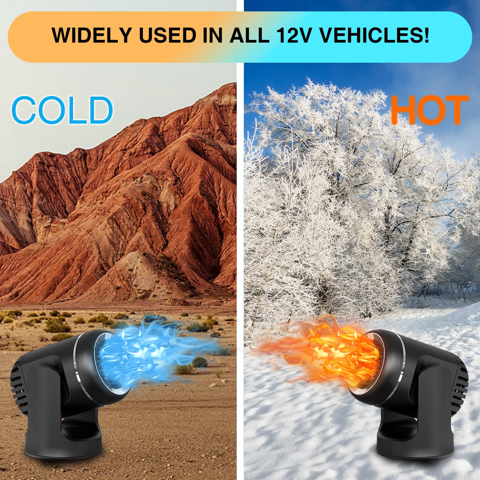 【Fametiy New upgrade】Portable Car Heater,Auto Heater Fan, Car Windshield Defogger Defroster, 2 in1 Fast Heating or Cooling Fan, 12V 150W Auto Ceramic Heater Fan Plug in Cig Lighter (Premium black)