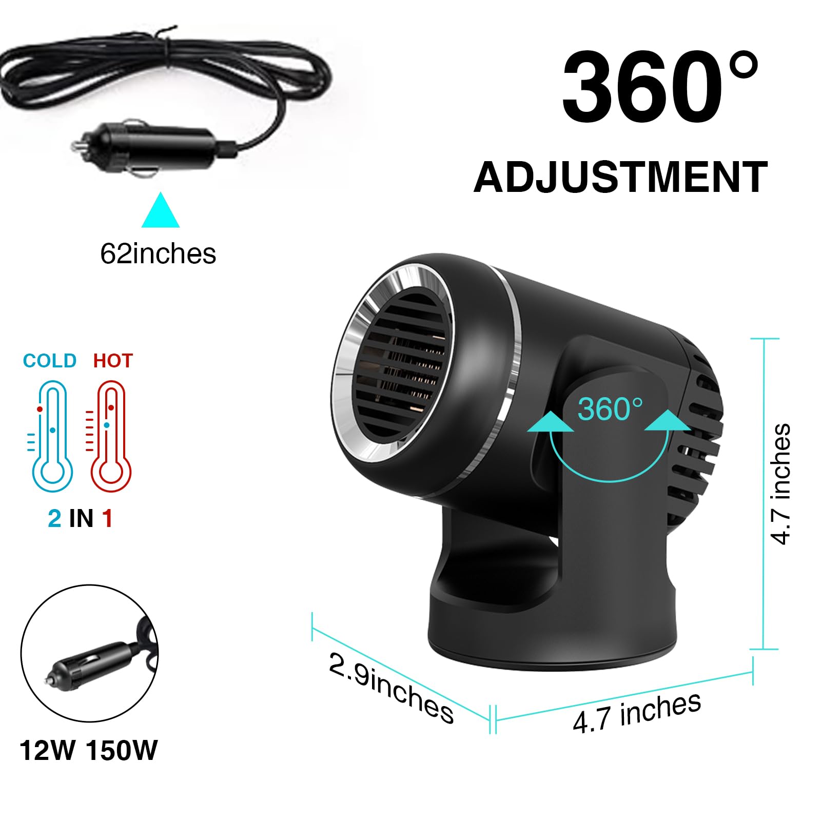 【Fametiy New upgrade】Portable Car Heater,Auto Heater Fan, Car Windshield Defogger Defroster, 2 in1 Fast Heating or Cooling Fan, 12V 150W Auto Ceramic Heater Fan Plug in Cig Lighter (Premium black)