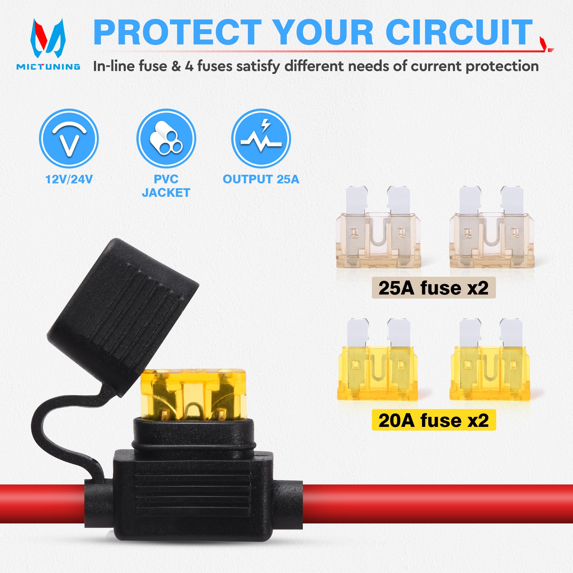 MICTUNING 12ft Car Female Cigarette Lighter Plug Extension Cable 12AWG 12V 24V with Threaded Socket to 0.33" Ring Eyelet Terminals, Battery Cord with Inline Blade Fuse 25A 20A