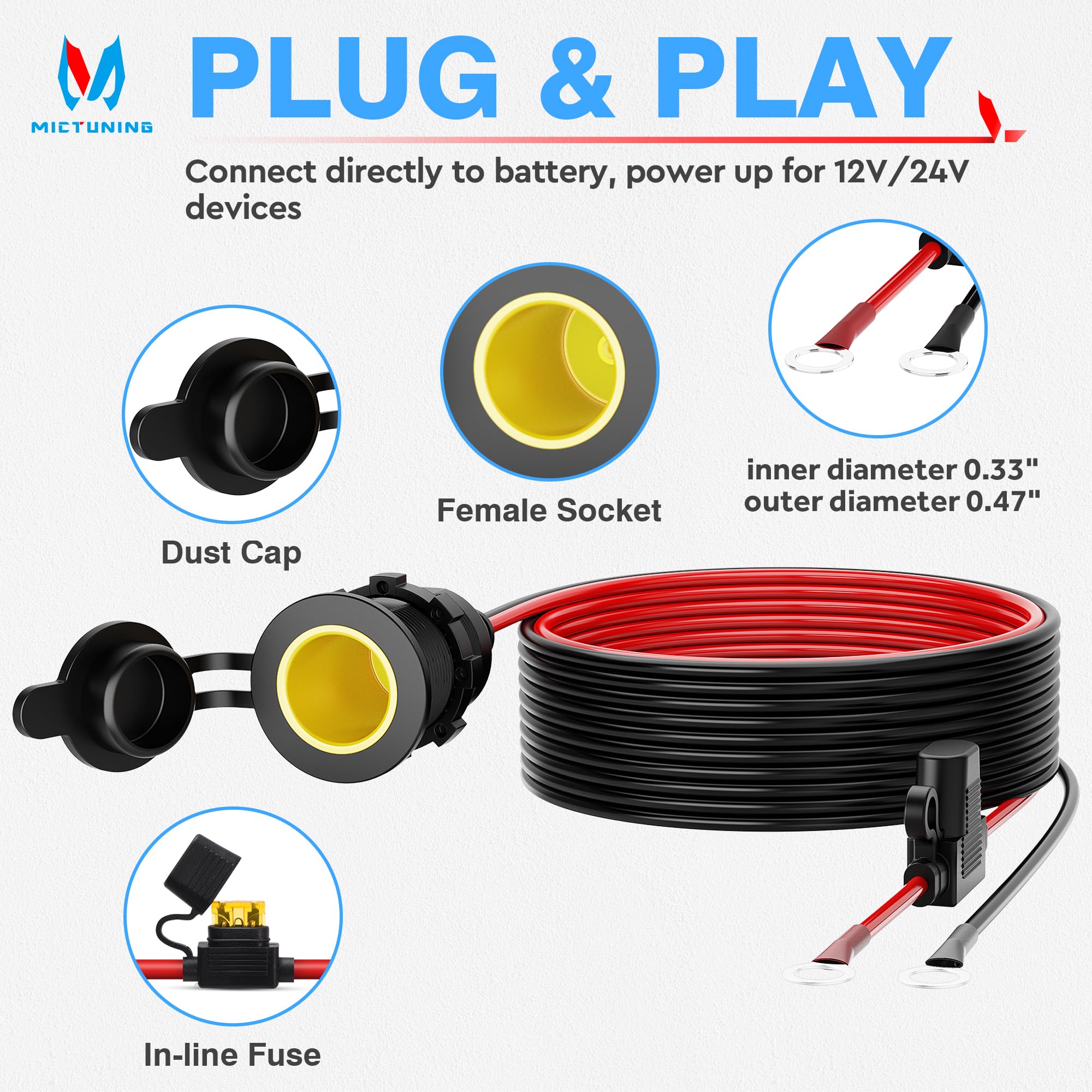 MICTUNING 12ft Car Female Cigarette Lighter Plug Extension Cable 12AWG 12V 24V with Threaded Socket to 0.33" Ring Eyelet Terminals, Battery Cord with Inline Blade Fuse 25A 20A