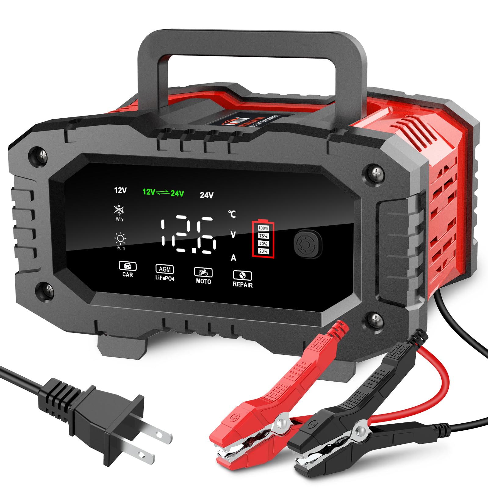 YONHAN 20 Amp Car Battery Charger, 12V/20A and 24V/10A LiFePO4 Lead ...