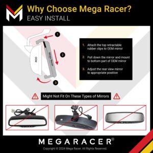 Mega Racer Car Rear View Mirror, Clear Convex, 10.6" 270mm Panoramic Rear View Mirror Accessories, Wide Angle Blindspot Mirror For Car, Rubber Clip On, Universal Rearview Mirror, Truck Accessories