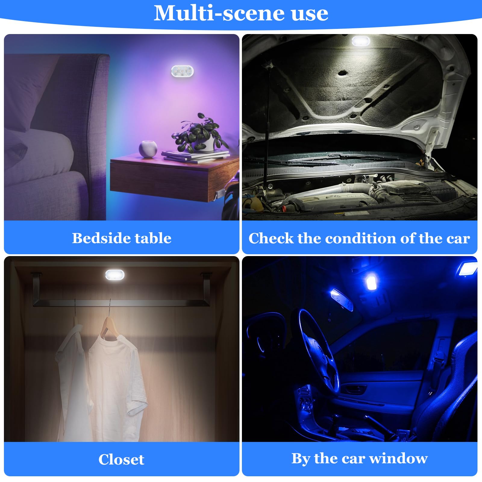 2Pcs Wireless LED Touch Lights for Car Interior,7 Colors Portable USB Adjustable Rechargeable Interior Car Lights with 6 Bright LED Lamp Beads Night Light for Car Decor Interior Environmental Lighting