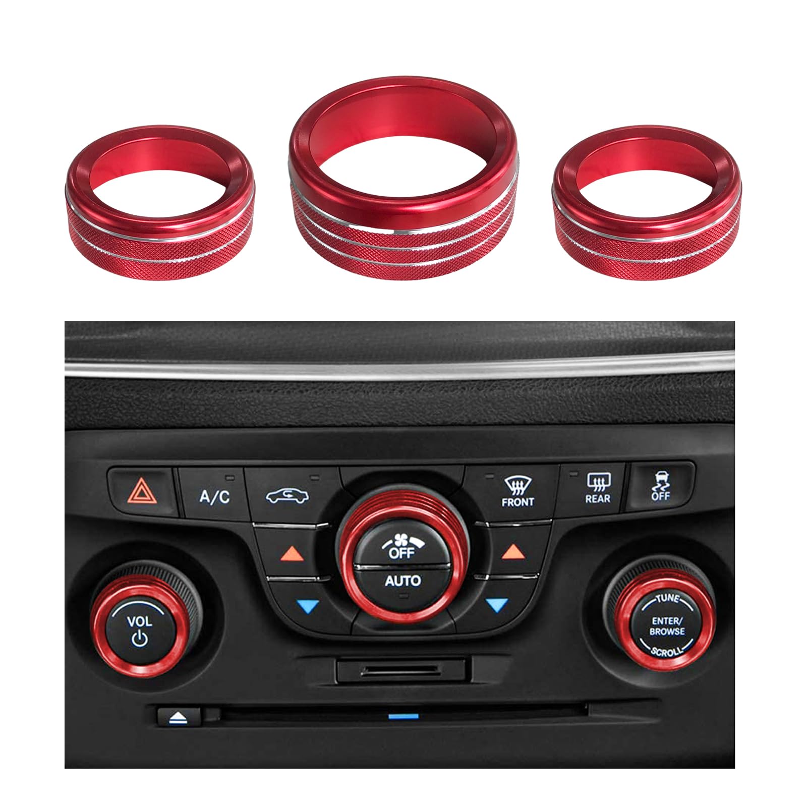 Dickno 3PCS Air Conditioner Switch Button Knob Cover, Aluminum Alloy A/C Decal Trim Rings Compatible with Dodge Challenger Durango 2015-2022, Auto Interior Decor Accessories (Red)