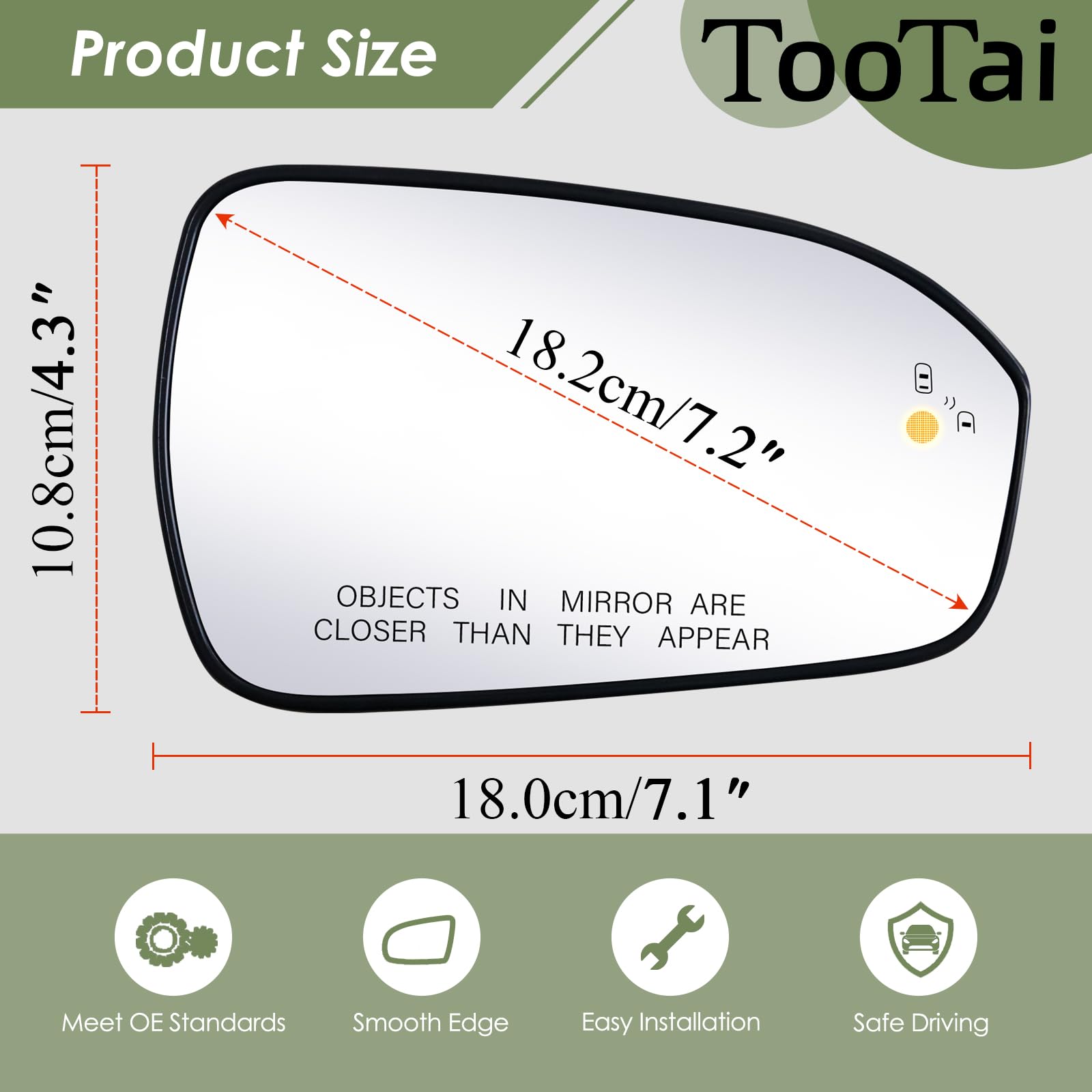 Tootai Passenger Side Replacement Mirror Glass - compatible with Ford vehicles - Fusion 2013-2019 - heated with Blind Spot Detect, w/o Auto Dimming