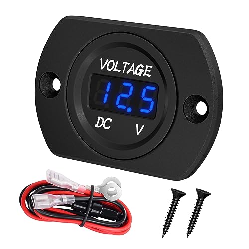 DaierTek Battery Voltage Meter Waterproof DC 12V 24V LED Voltmeter Panel 12 Volt 24 Volt 36 Volt Battery Monitor with Blue Light Round Digital Voltage Display for Marine Boat Car Automotive Motorcycle