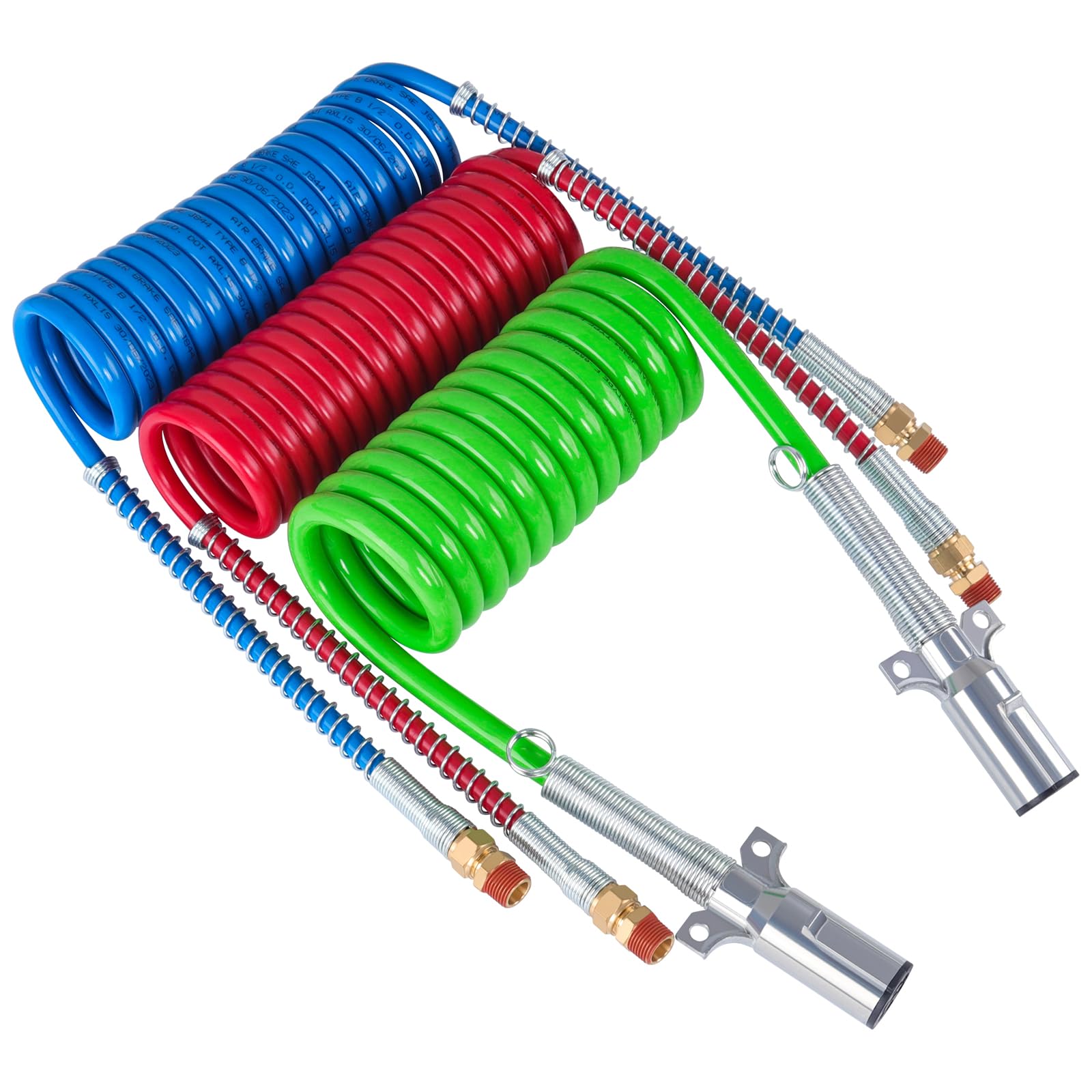 CheeMuii 15Ft Coiled Air Brake Hoses & ABS Electrical Power Wire Assembly Kit 3 in 1 Semi Truck Air Lines Kit Coiled 7 Way Trailer Cord and Air Brake Hoses for Semi Trucks Trailers Tractors