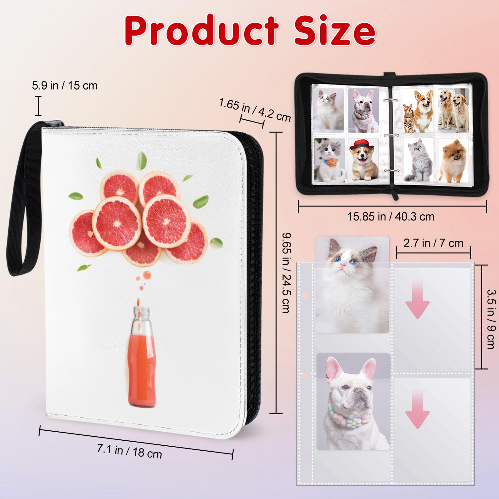 Trading Card Binder, GSHZMM 4-Pocket Card Sleeves Storage Book Holder Album Binder for Game Cards with 50 Removeable Sleeves, Ideal Baseball Binder Fit 400 Cards,Grapefruit Shape Binder