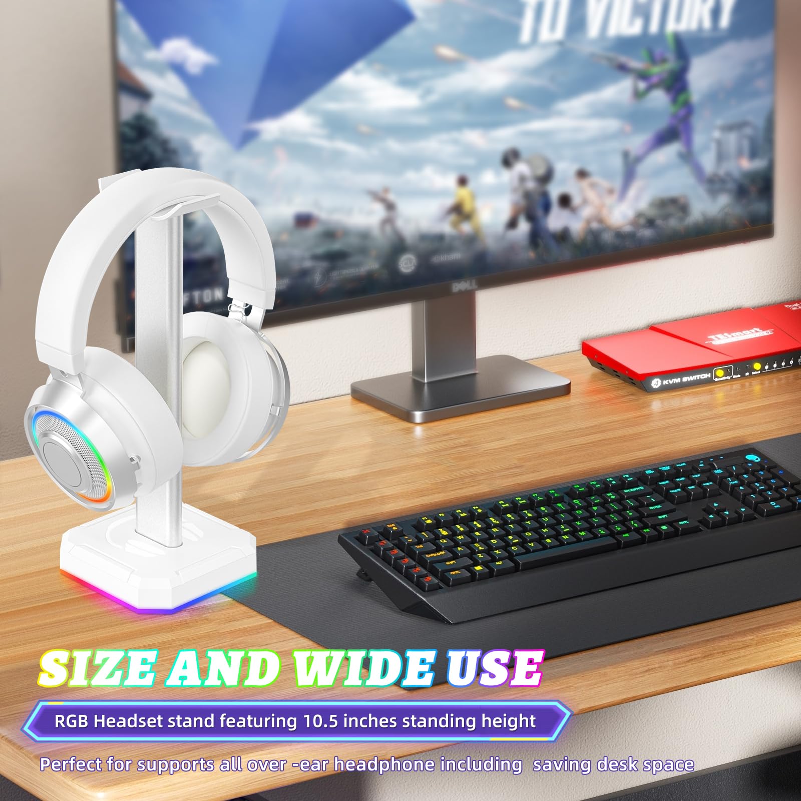 TuparGo White Headphone Stand,Desk RGB Lights Headset Holder,Suitable for All Over-Ear Headphone (White, Only RGB Light)