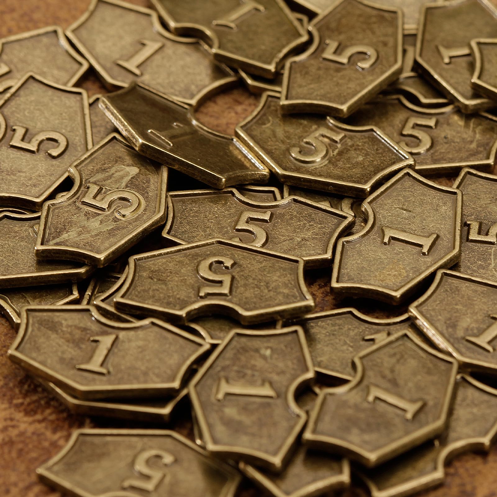 50 Pieces Magic Gathering Counters Tokens Antique Gold Metal Tokens Counters Creature Stats or Loyalty Counters Double Sided Compatible with MTG and CCG Card Gaming Accessories with Velvet Drawstring