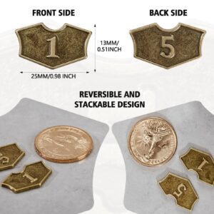 50 Pieces Magic Gathering Counters Tokens Antique Gold Metal Tokens Counters Creature Stats or Loyalty Counters Double Sided Compatible with MTG and CCG Card Gaming Accessories with Velvet Drawstring