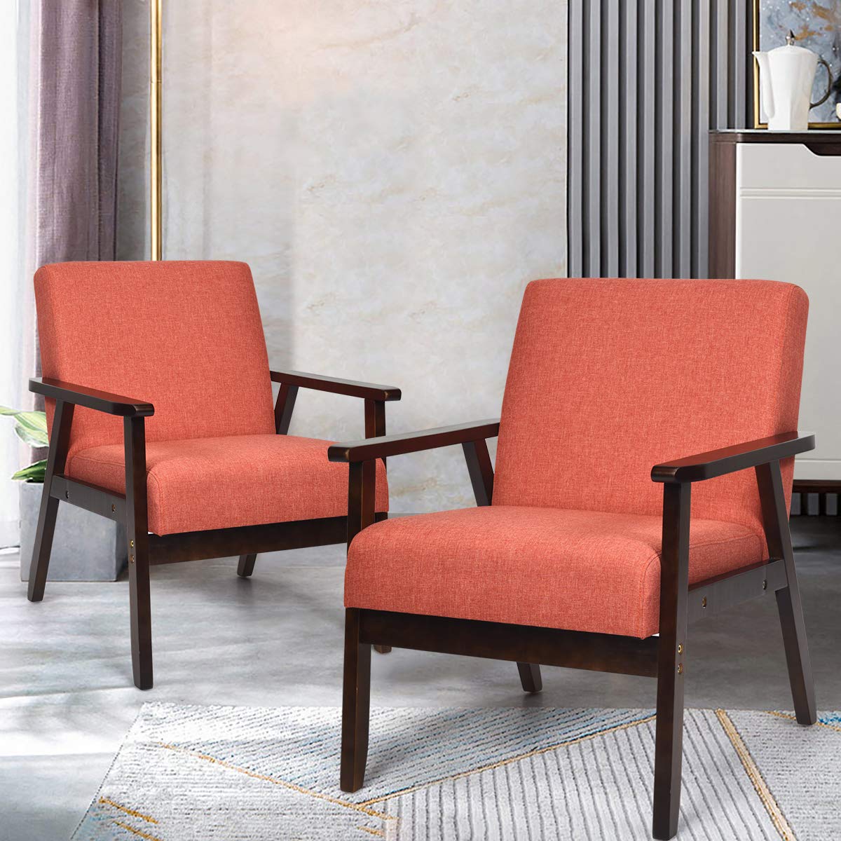 Giantex Set of 2 Mid-Century Modern Accent Chair, Retro Fabric Armchair, Solid Hardwood Made, Upholstered Linen Lounge Arm Chair for Living Room (Orange)