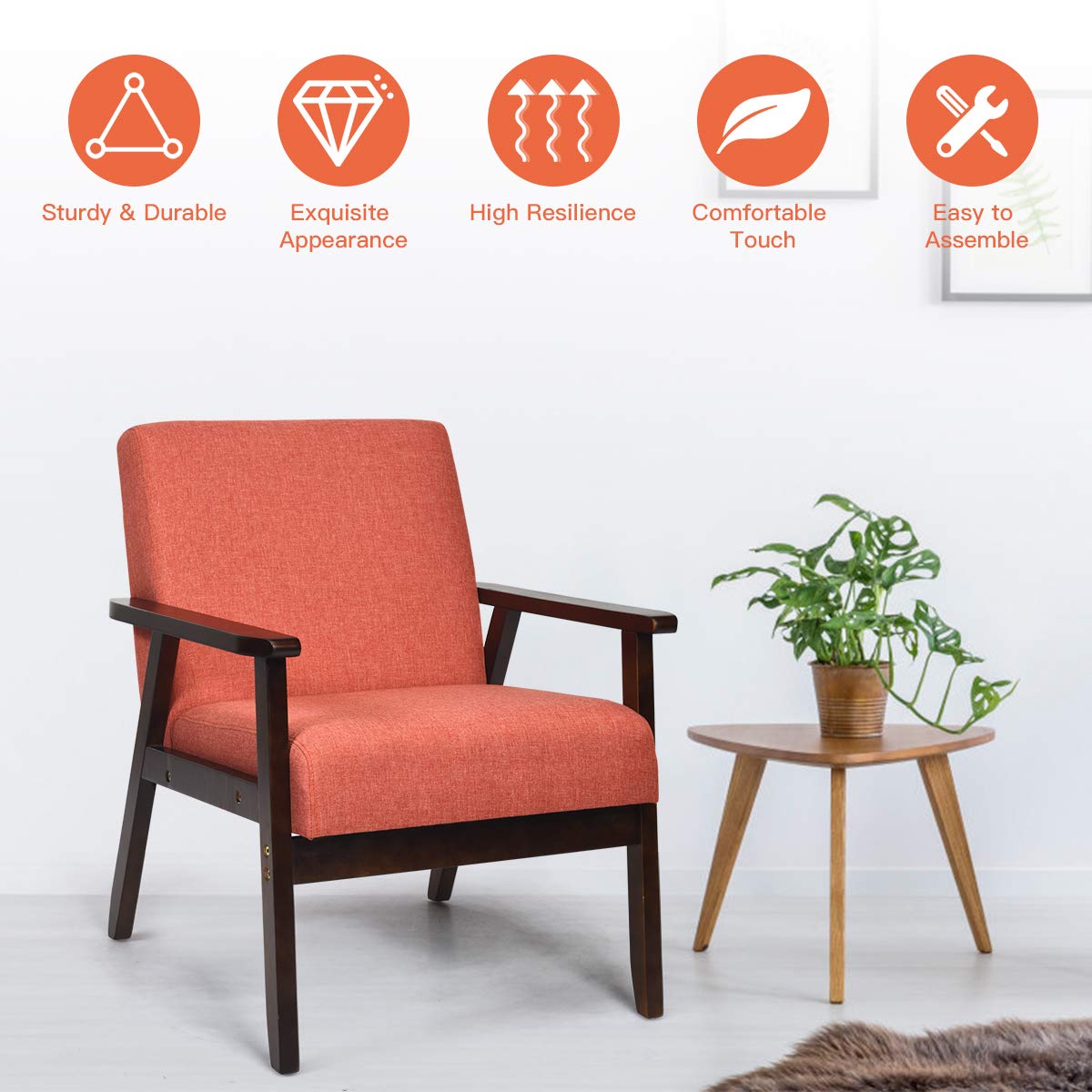 Giantex Set of 2 Mid-Century Modern Accent Chair, Retro Fabric Armchair, Solid Hardwood Made, Upholstered Linen Lounge Arm Chair for Living Room (Orange)