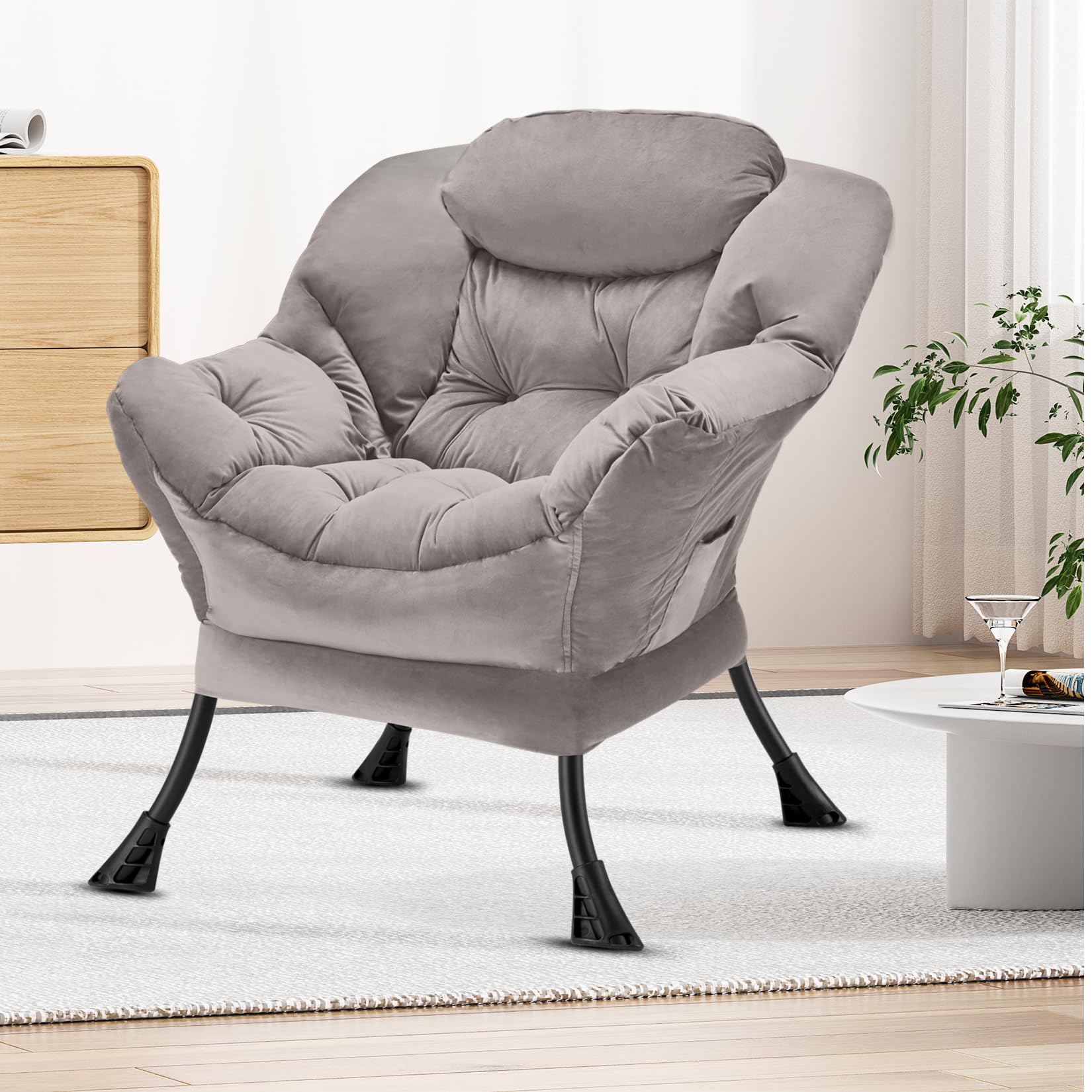 Congermom Fabric Lazy Chair Large Accent Chair,Velvet Frabic Modern Lounge Reading Chair with Armrests & Side Pocket,Upholstered Armchair for Living Room,Bedroom,Dorm,Light Grey