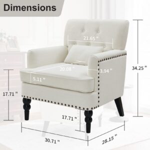 Accent Chair, Arm Chair，Living Room Upholstered Chair, Tufted Upholstered Sofa Club Chair for Bedroom, Comfy Reading Chair for Reception Room (White)