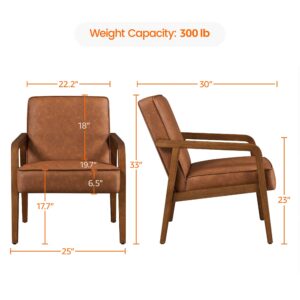 Yaheetech PU Leather Accent Chair, Mid-Century Modern Barrel Chair with Wooden Frame and Soft Thick Padded for Living Room Bedroom Home Office, Light Brown