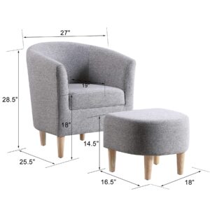 DAZONE Accent Chair with Ottoman, Mid Century Modern Barrel Comfy Fabric Armchair and Footrest Set, Upholstered Club Tub Round Arms Chair for Living Room Bedroom Reading Room, Grey