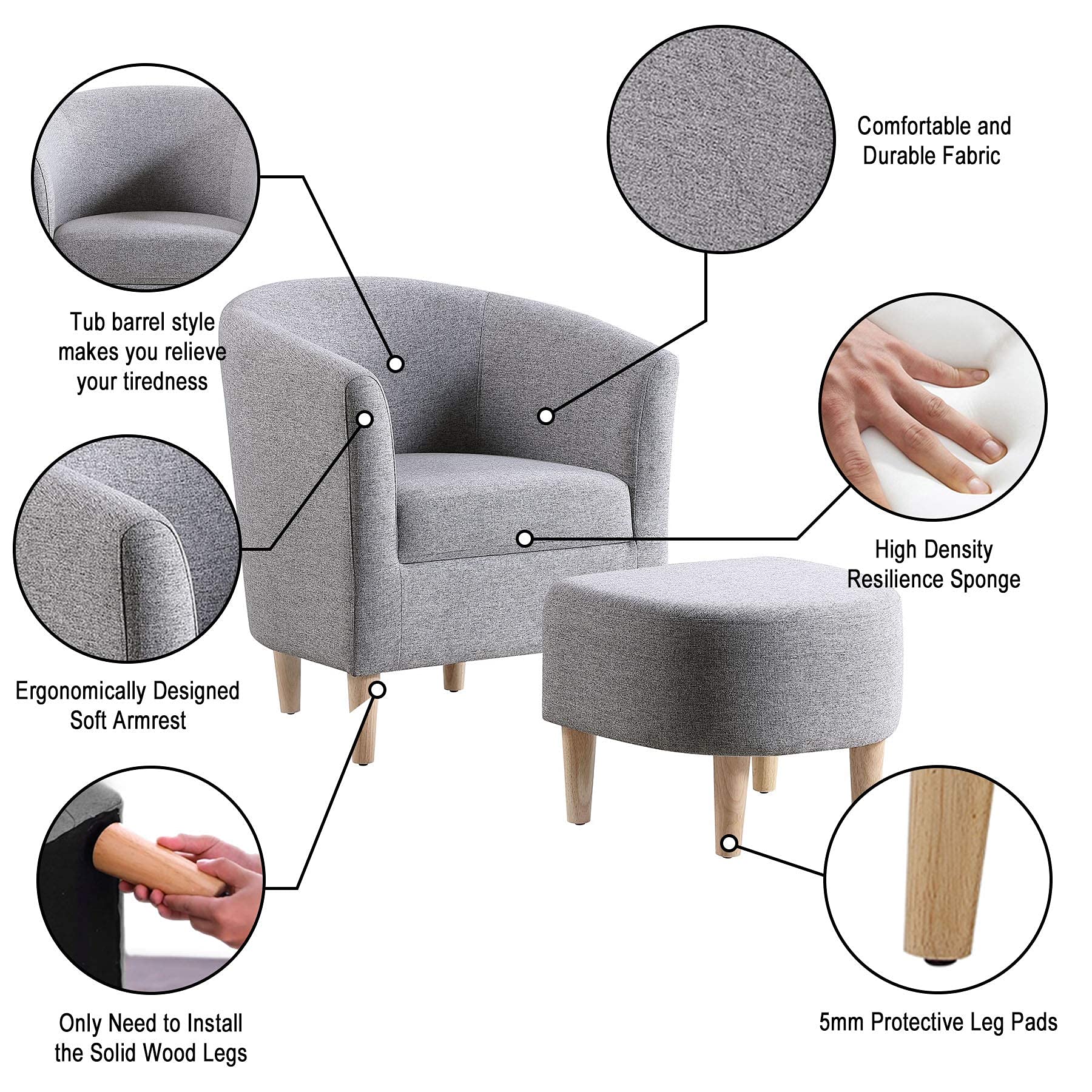 DAZONE Accent Chair with Ottoman, Mid Century Modern Barrel Comfy Fabric Armchair and Footrest Set, Upholstered Club Tub Round Arms Chair for Living Room Bedroom Reading Room, Grey