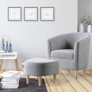 DAZONE Accent Chair with Ottoman, Mid Century Modern Barrel Comfy Fabric Armchair and Footrest Set, Upholstered Club Tub Round Arms Chair for Living Room Bedroom Reading Room, Grey