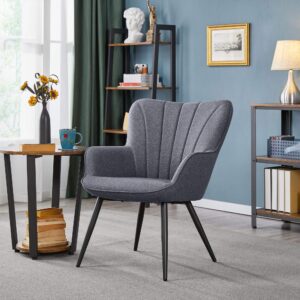 Yaheetech Accent Chair, Modern and Elegant Armchair, Linen Fabric Vanity Chair Living Room Chair with Mental Legs and High Back for Living Room Bedroom Office Waiting Room, Grey