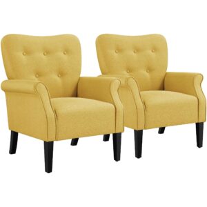 Yaheetech Modern Armchair, Mid Century Accent chair with Sturdy Wood Legs and High Back for Small Space, Upholstered Fabric Sofa Club Chair for Living Room/Bedroom/Office, Set of 2, Yellow