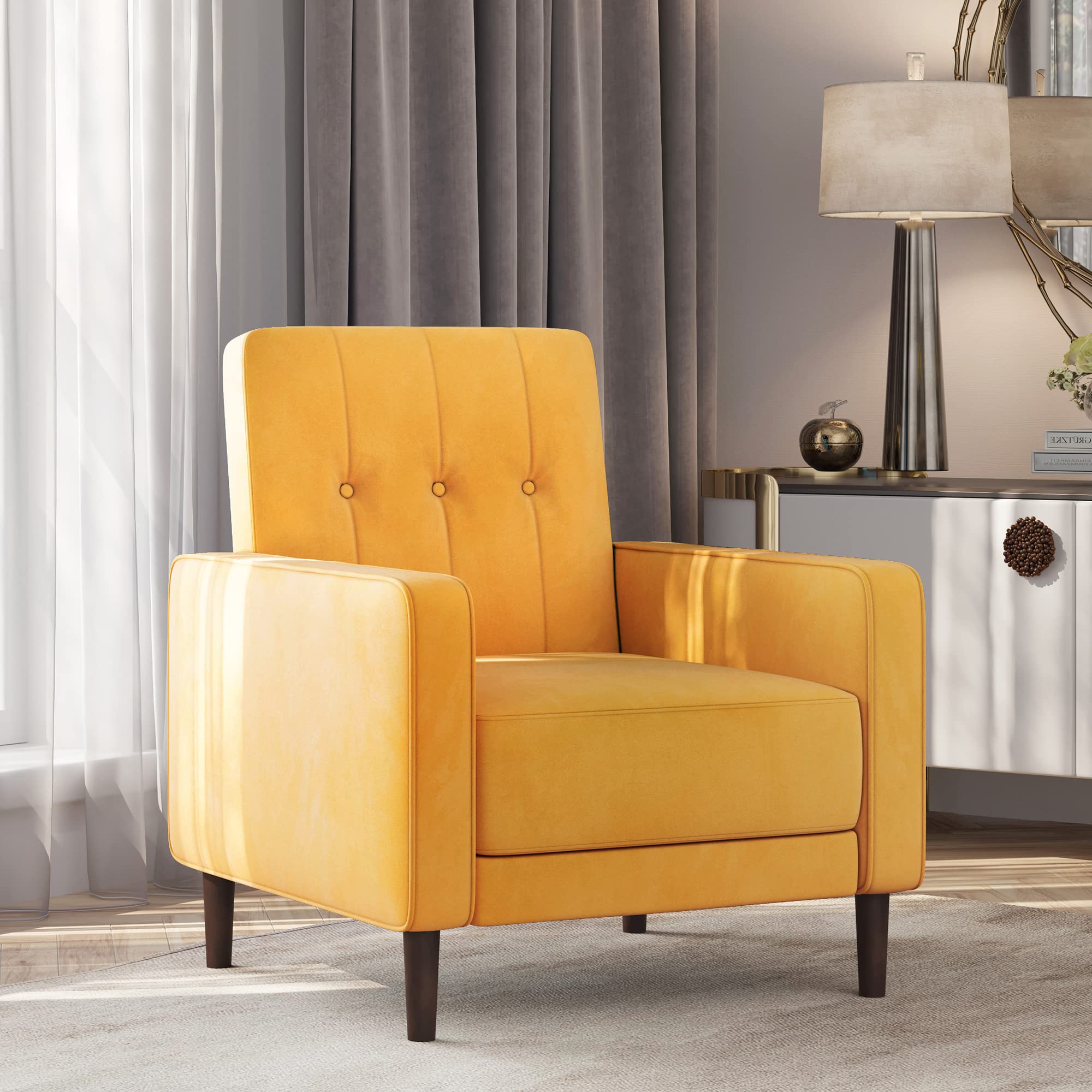 BELLEZE Accent Chairs for Living Room, Mid Century Modern Armchair Velvet Upholstered Comfy Side Chair Button Tufted Back Lounge Reading Chair for Bedroom - Valencia (Yellow)