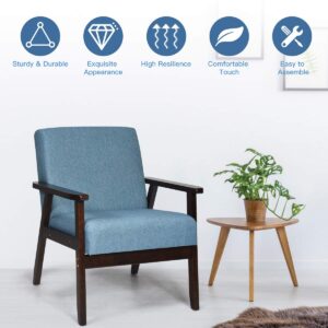 Giantex Mid-Century Modern Accent Chair, Retro Fabric Armchair, Solid Hardwood Made, Upholstered Linen Lounge Arm Chair for Living Room (1, Blue)