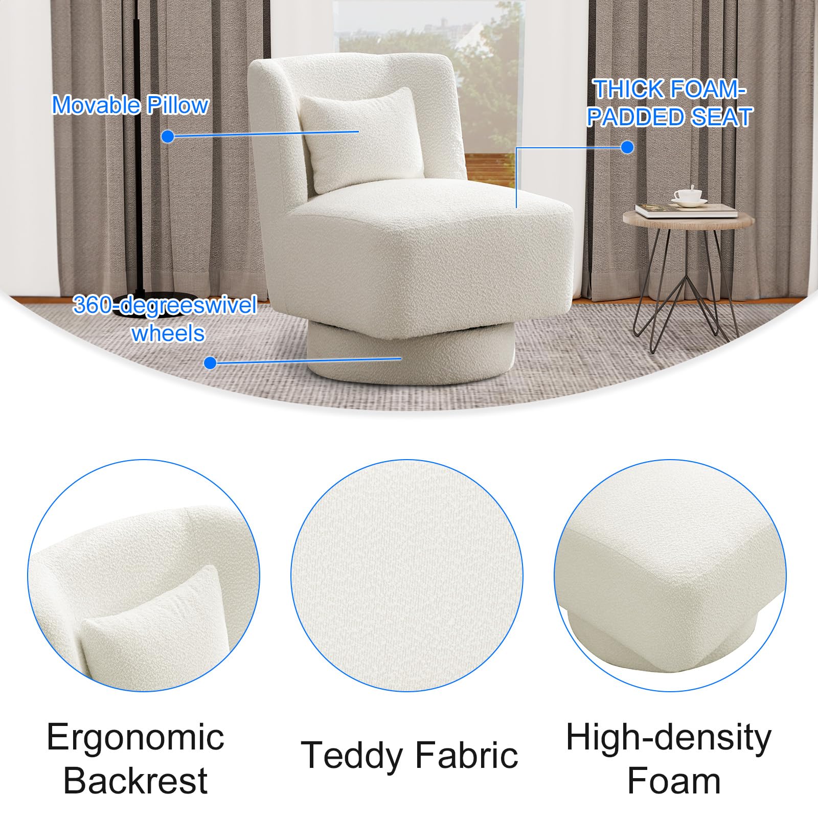 HANLIVES Swivel Barrel Chair|360 Degree Comfy Teddy Fabric Round Swivel Accent Chair with Pillow|Square Swivel Boucle Single Club Sofa Chair for Living Room,Hotel,Bedroom,Office,Lounge(White)