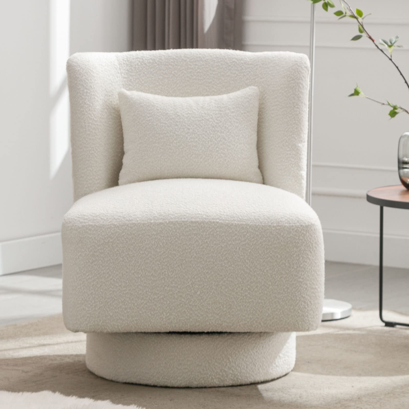 HANLIVES Swivel Barrel Chair|360 Degree Comfy Teddy Fabric Round Swivel Accent Chair with Pillow|Square Swivel Boucle Single Club Sofa Chair for Living Room,Hotel,Bedroom,Office,Lounge(White)