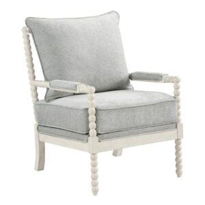 osp home furnishings kaylee spindle accent chair with antique white wood frame, 26.5” w x 32.25” d x 37” h, smoke grey fabric