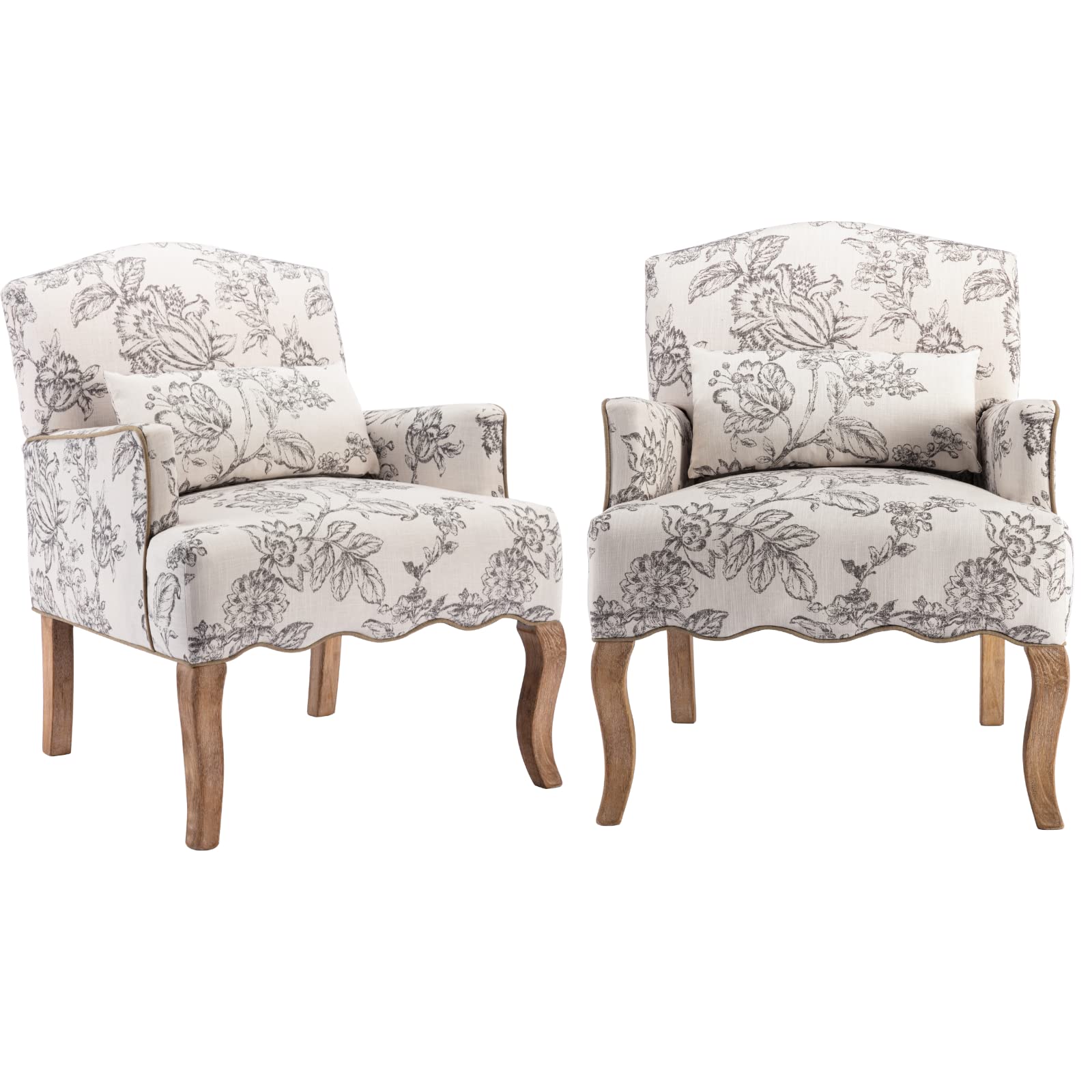 CIMOO Mid Century Modern Accent Chair Set of 2 Floral Reading Chair with Removable Pillow Wingback Arm Chair Upholstered Comfy Single Sofa for Living Room/Bedroom/Fireplace, Beige 2PCS