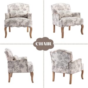 CIMOO Mid Century Modern Accent Chair Set of 2 Floral Reading Chair with Removable Pillow Wingback Arm Chair Upholstered Comfy Single Sofa for Living Room/Bedroom/Fireplace, Beige 2PCS