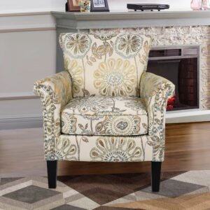 LEVNARY Accent Chair, Mid-Century Modern Armchair Upholstered Corner Single Sofa Chair, Wingback Comfy Reading Chair with Nailhead Trim for Home Living Room Bedroom (Yellow Flower)