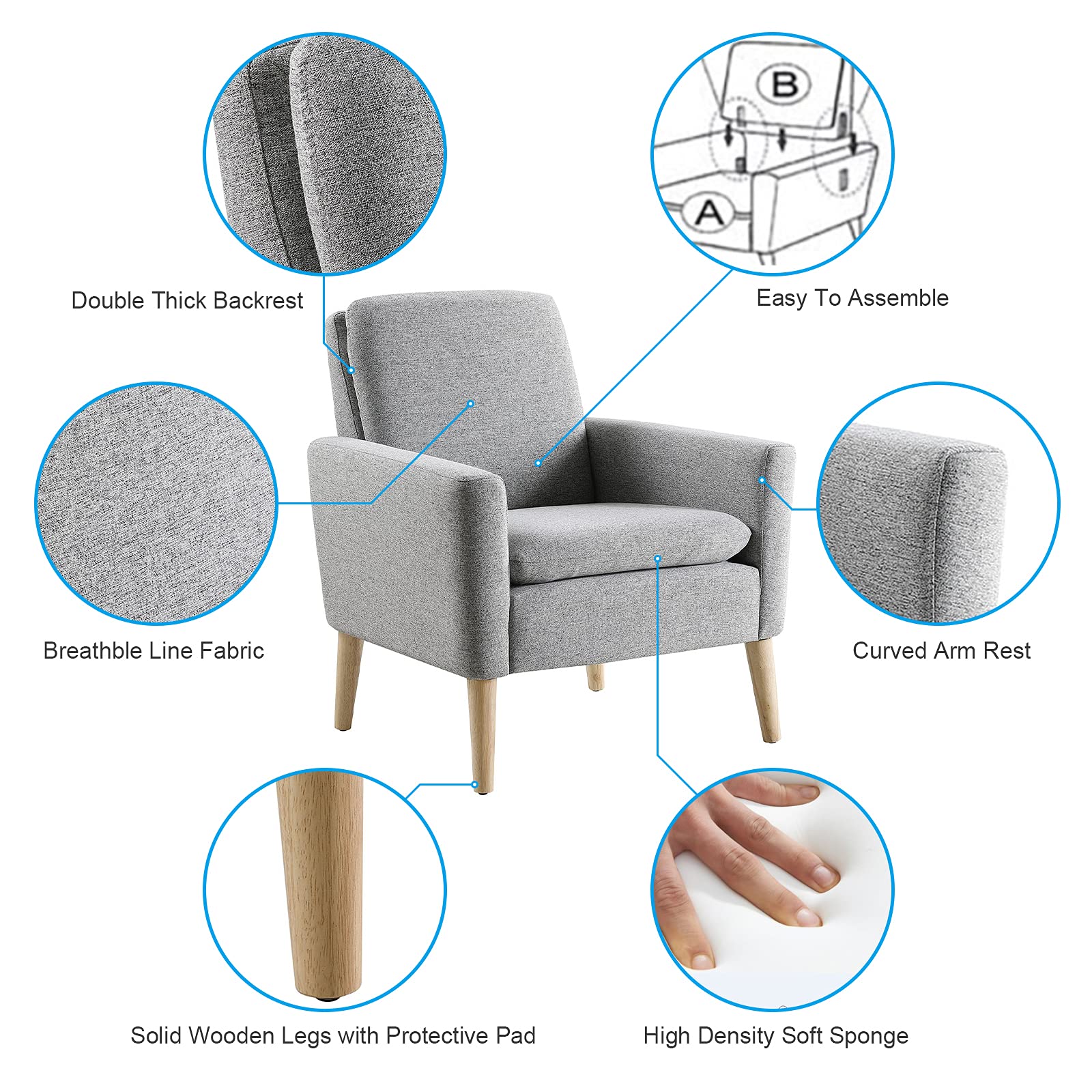 Lohoms Accent Chair Set of 2 Fabric Upholstered Comfy Arm Chair Mid-Century Modern Chair for Living Room, Bedroom, Dorm Furniture, Home Padded Seat Sofa Chair with Wood Legs Grey