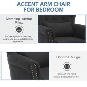 KCC Living Room Accent Chair Mid Century Modern Reading Arm Chair for Bedroom, Upholstered Club Chair Single Sofa Chair with Tufted Back, Rubber Wood Legs and Lumbar Pillow, Black