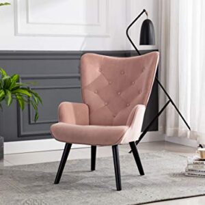 Dolonm Velvet Accent Chair Modern Tufted Button Wingback Vanity Chair with Arms Upholstered Tall Back Desk Chair with Solid Wood Legs for Living Room Bedroom Waiting Room(Dusty Pink)