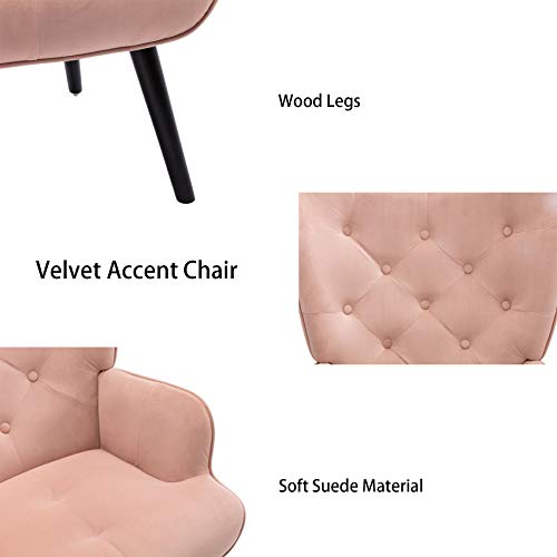 Dolonm Velvet Accent Chair Modern Tufted Button Wingback Vanity Chair with Arms Upholstered Tall Back Desk Chair with Solid Wood Legs for Living Room Bedroom Waiting Room(Dusty Pink)