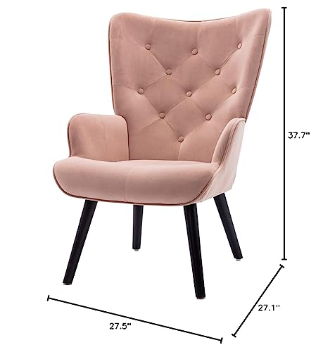 Dolonm Velvet Accent Chair Modern Tufted Button Wingback Vanity Chair with Arms Upholstered Tall Back Desk Chair with Solid Wood Legs for Living Room Bedroom Waiting Room(Dusty Pink)