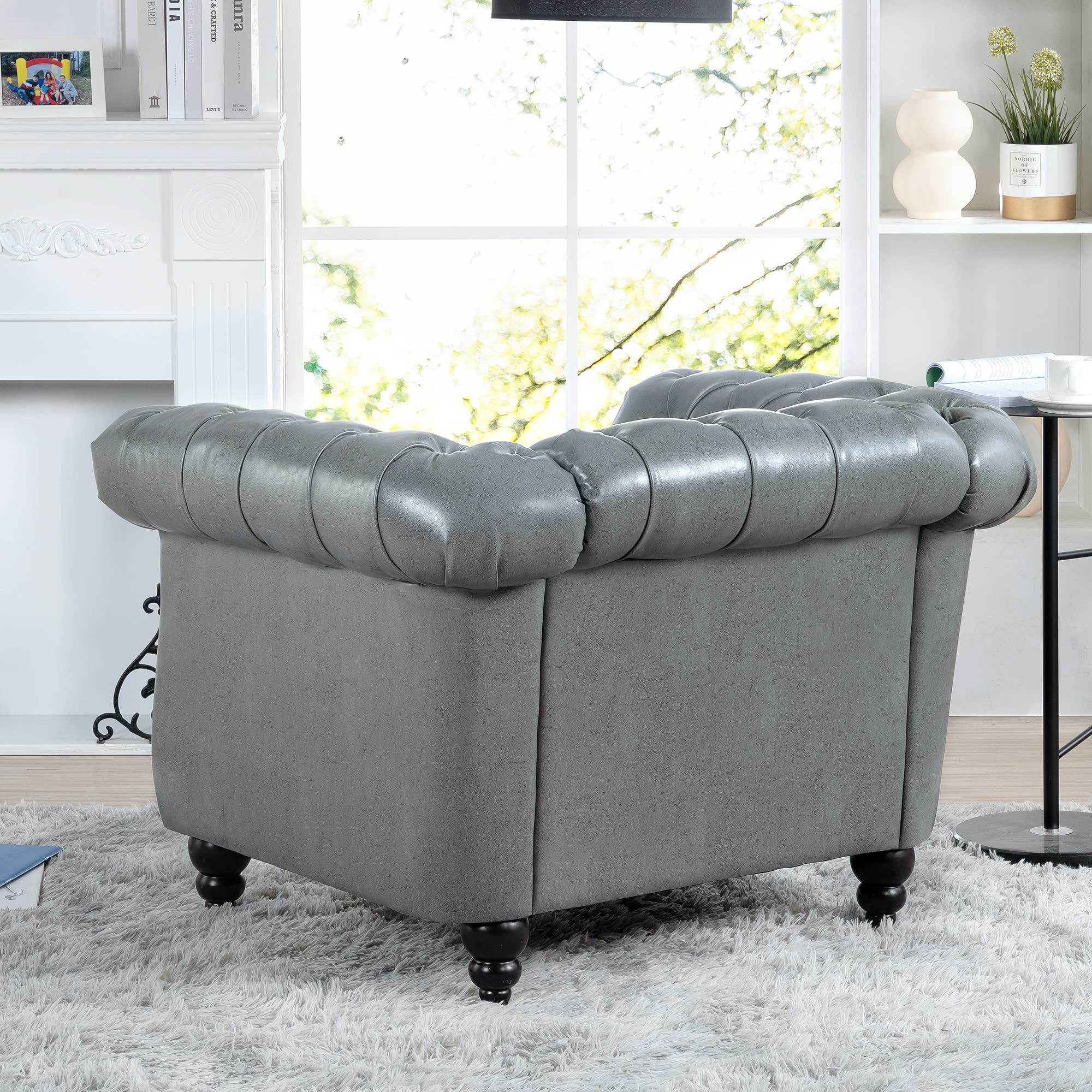 Dvasovio Accent Chair, Modern Chesterfield Chair Leather Upholstered Single Sofa with Tufted Back for Living Room Furniture (Grey)