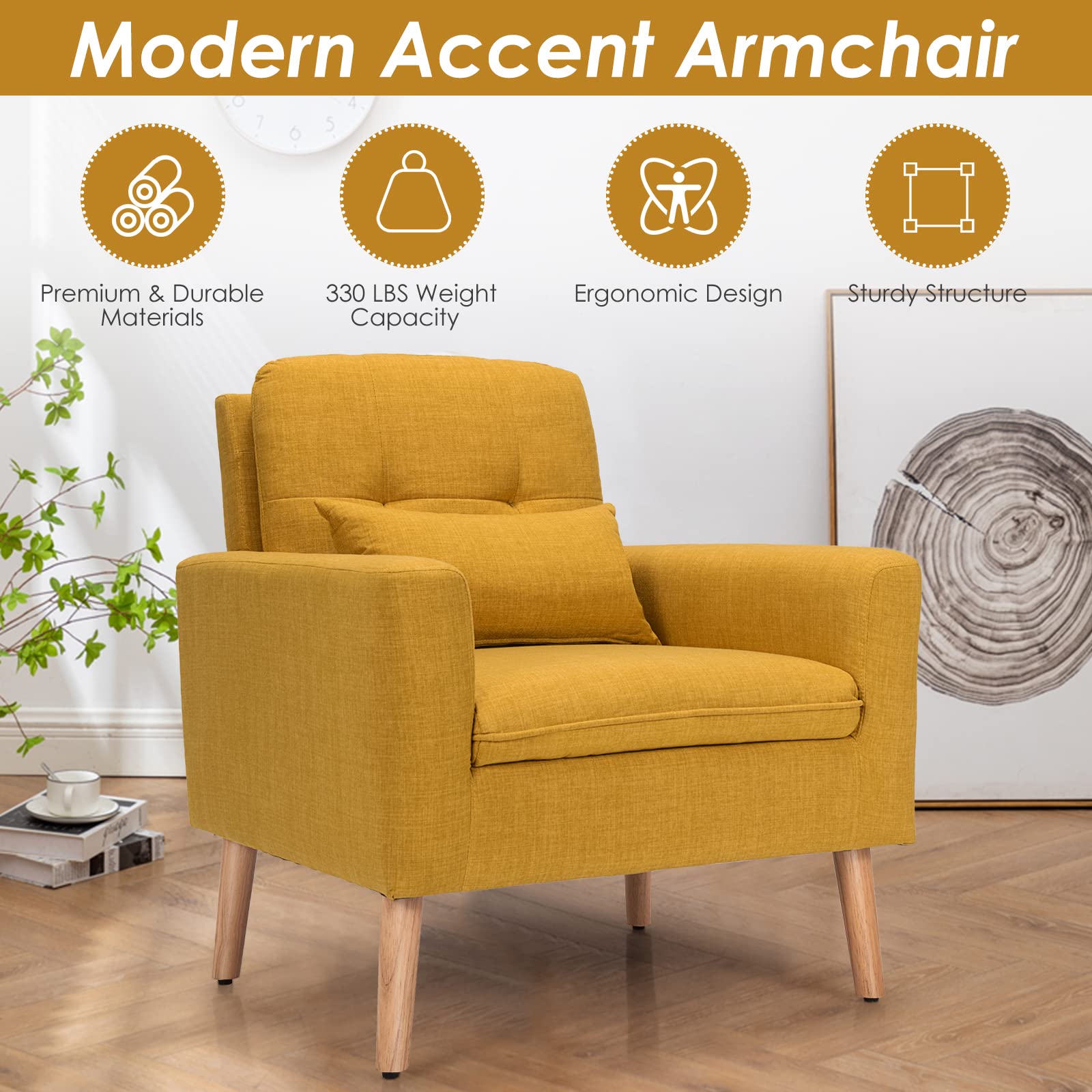 KOMFOTT Tufted Accent Armchair Set of 2, Modern Leisure Chair with Waist Pillow, Comfortable Backrest & Ergonomic Armrest, Breathable Fabric & Soft Sponge, Ideal for Living Room & Office, Yellow