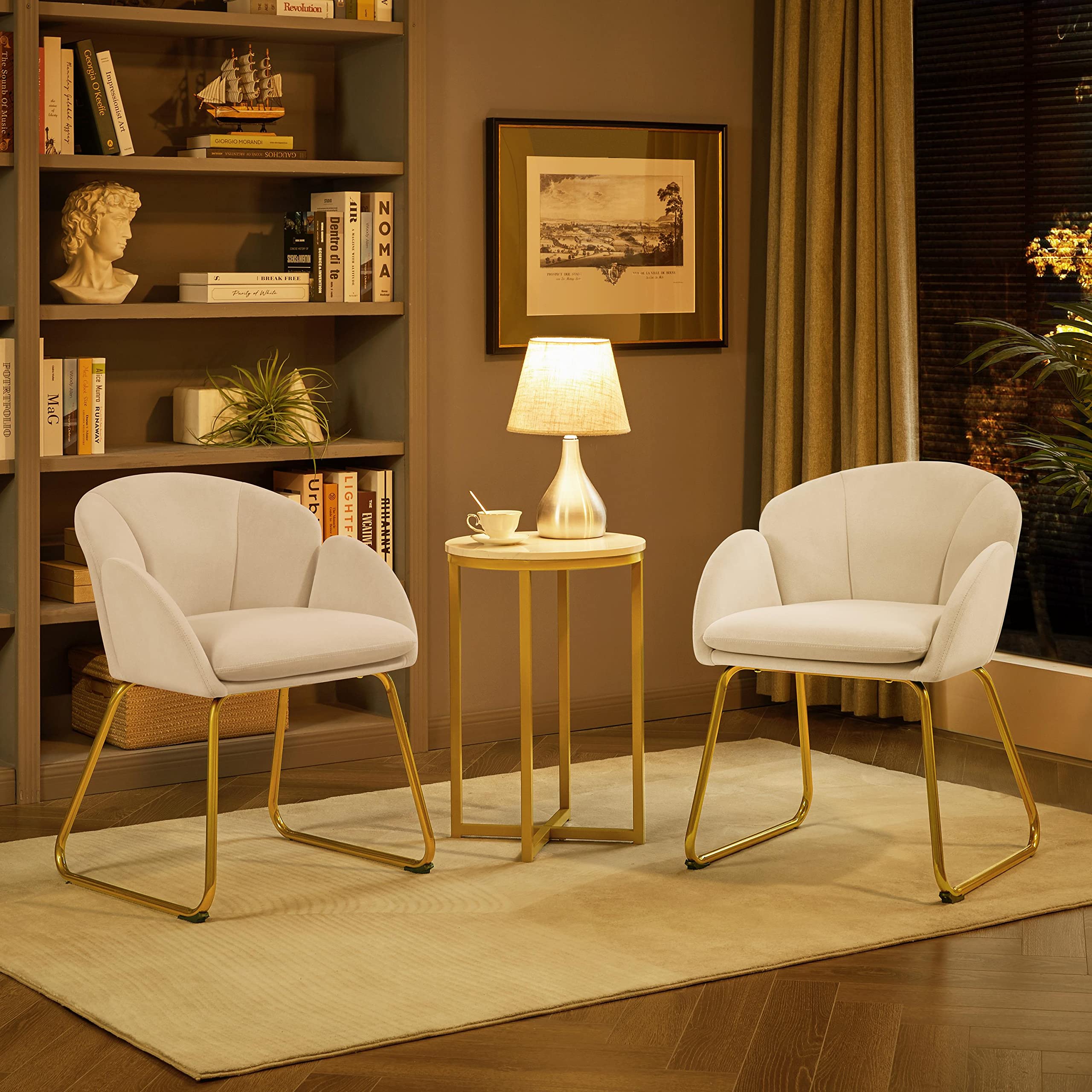 Yaheetech Flower Shape Velvet Armchair, Modern Side Chair Vanity Chair with Golden Metal Legs for Living Room/Dressing Room/Bedroom/Home Office/Kitchen, 2 Pieces, White