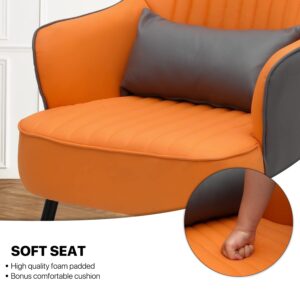 MoNiBloom Accent Chair for Living Room with Lumbar Pillow, Leatheraire Comfy Bedroom Chair Occasional Chair Single Lounge Sofa, Orange/Gray Contrasting Colors Upholstered Club Chair w/Metal Legs