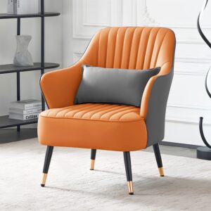 MoNiBloom Accent Chair for Living Room with Lumbar Pillow, Leatheraire Comfy Bedroom Chair Occasional Chair Single Lounge Sofa, Orange/Gray Contrasting Colors Upholstered Club Chair w/Metal Legs