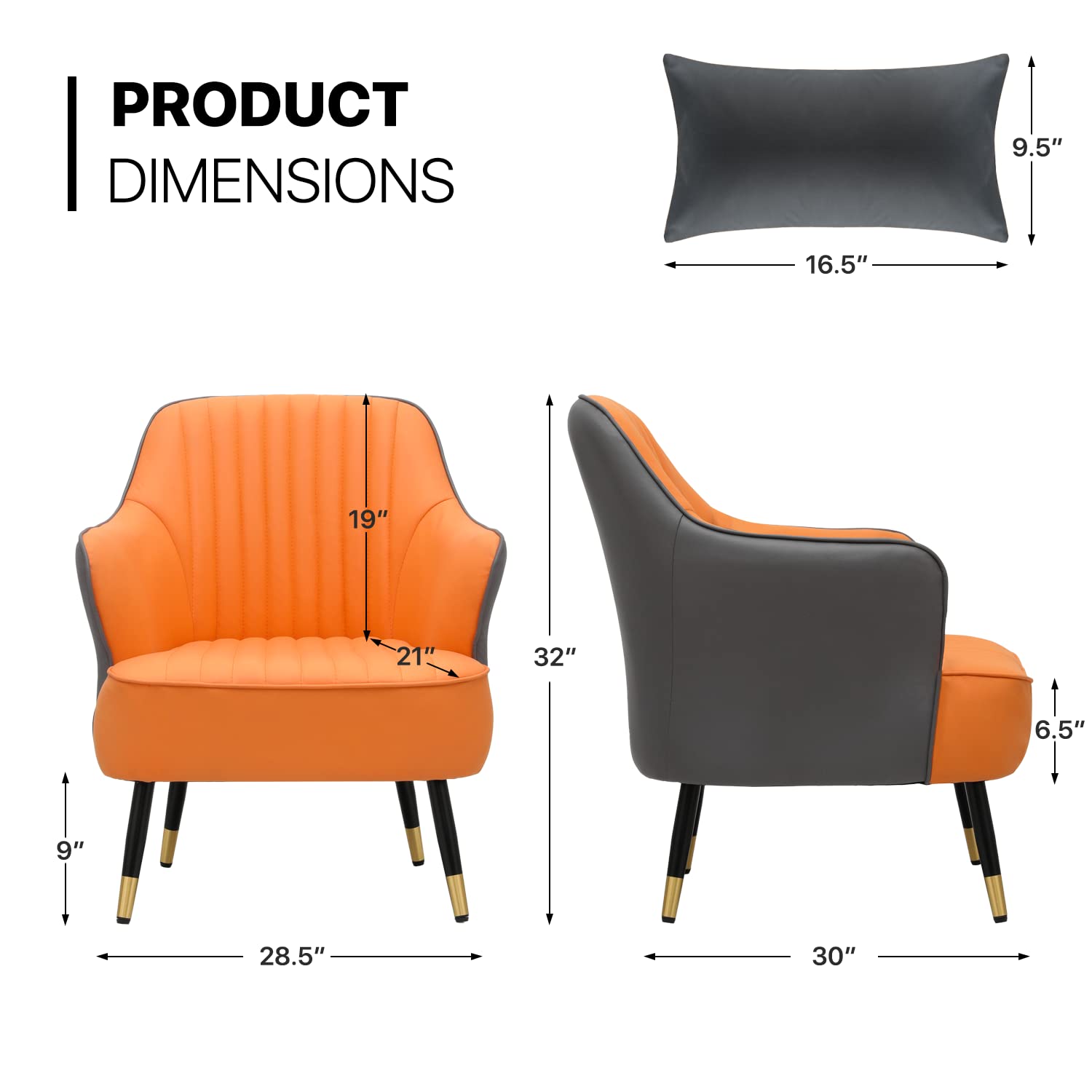 MoNiBloom Accent Chair for Living Room with Lumbar Pillow, Leatheraire Comfy Bedroom Chair Occasional Chair Single Lounge Sofa, Orange/Gray Contrasting Colors Upholstered Club Chair w/Metal Legs