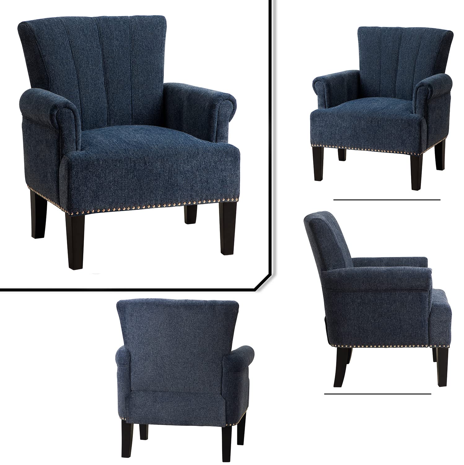 Henf Accent Chair Rivet Tufted Polyester Armchair, Living Room Chair Single Sofa, Barrel Chair Club Chair with Rubber Wood Legs, Upholstered Chair for Living Room/Bedroom/Hosting Room (Navy)