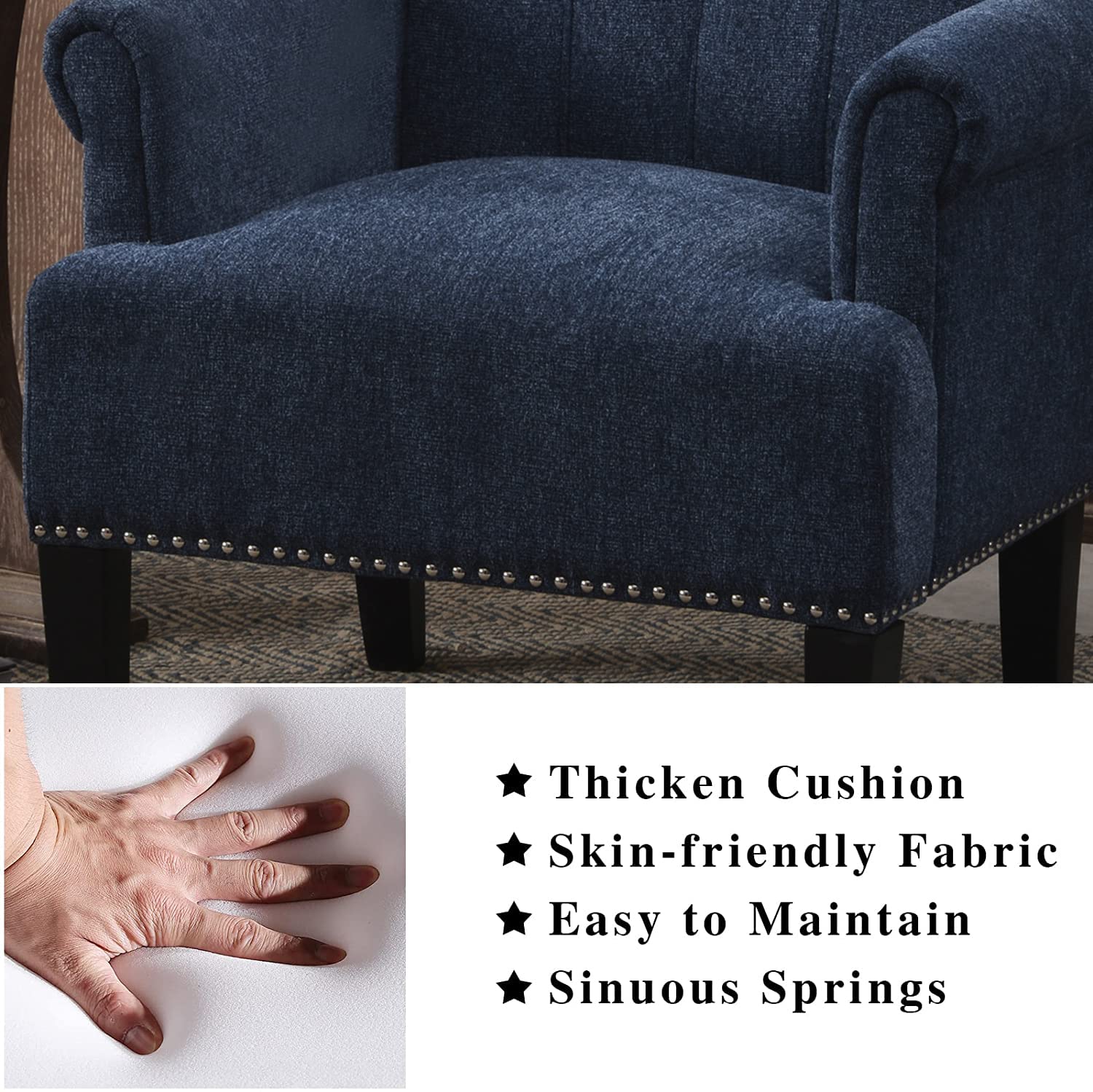 Henf Accent Chair Rivet Tufted Polyester Armchair, Living Room Chair Single Sofa, Barrel Chair Club Chair with Rubber Wood Legs, Upholstered Chair for Living Room/Bedroom/Hosting Room (Navy)