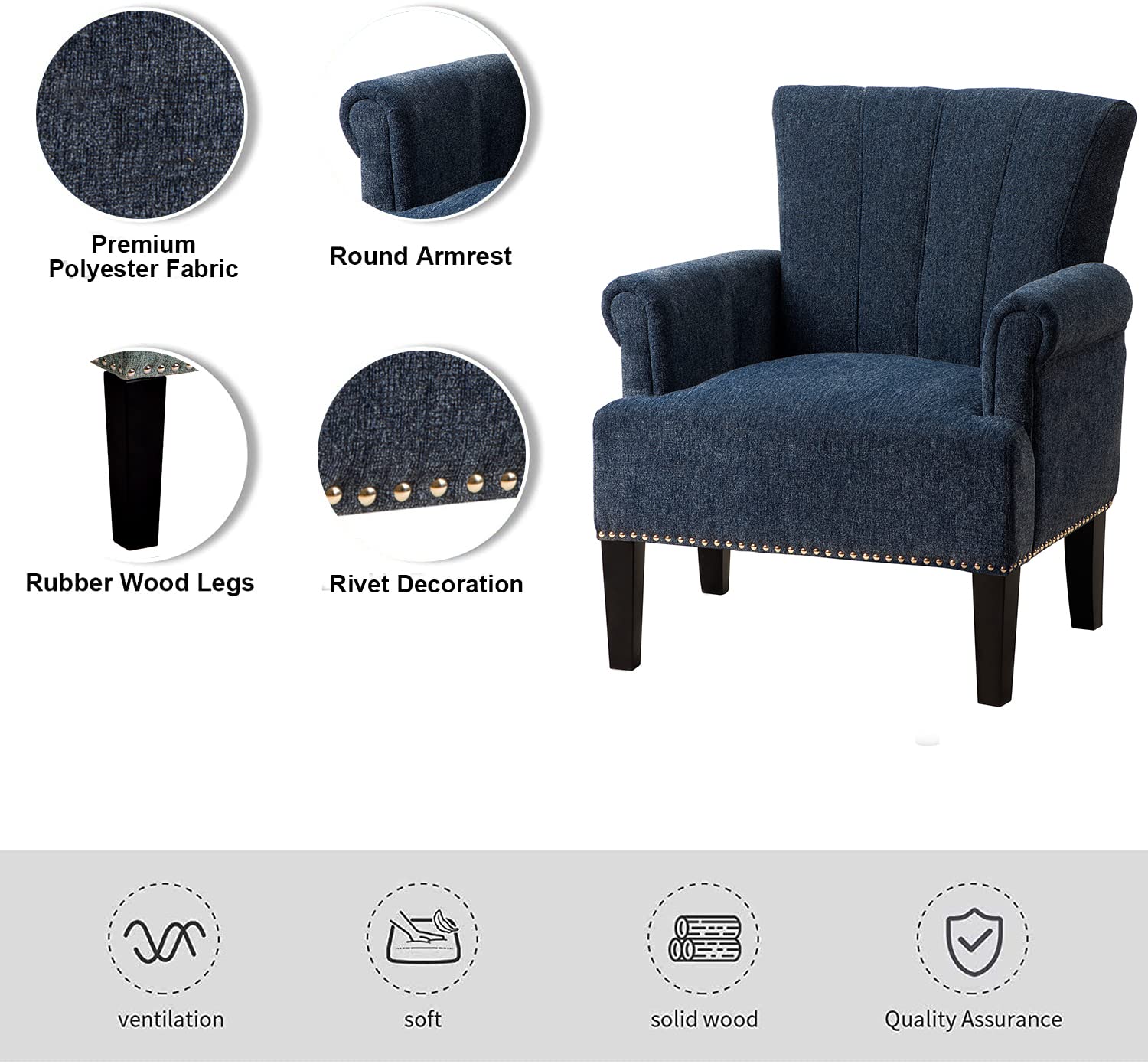 Henf Accent Chair Rivet Tufted Polyester Armchair, Living Room Chair Single Sofa, Barrel Chair Club Chair with Rubber Wood Legs, Upholstered Chair for Living Room/Bedroom/Hosting Room (Navy)