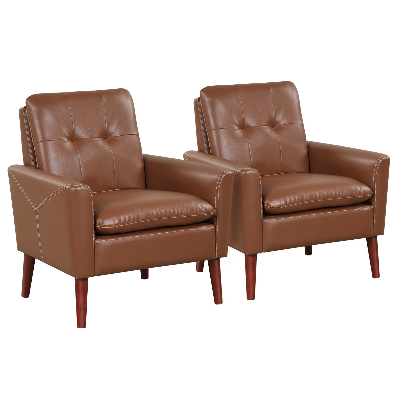 Giantex Modern Leather Accent Chair Set of 2 - Mid-Century Arm Chairs for Living Room, Single Sofa Chair with Backrest and Wide Armrests, Upholstered Living Room Chair, Max Load 400lbs, Brown