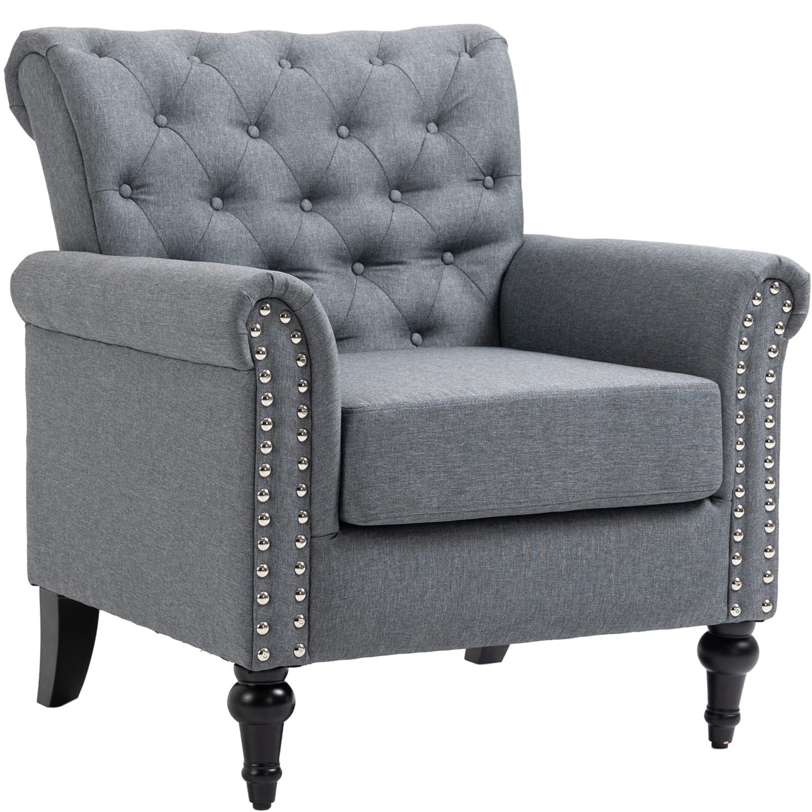 Deolme Grey Accent Chair for Living Room- Mid Century Modern Compact Club Chair Bedroom Arm Chair sillas de sala Upholstered Reading Lounge Sofa Chair Side Small Armchair Button Tufted Gray